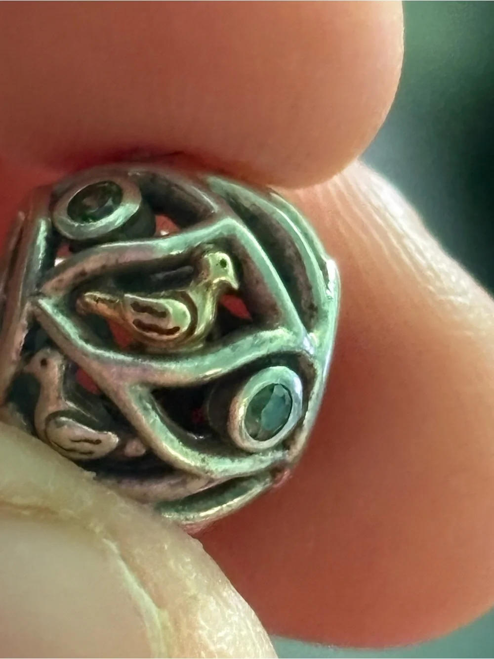 Pandora two tone Bird Charm with Green Stones RETIRED